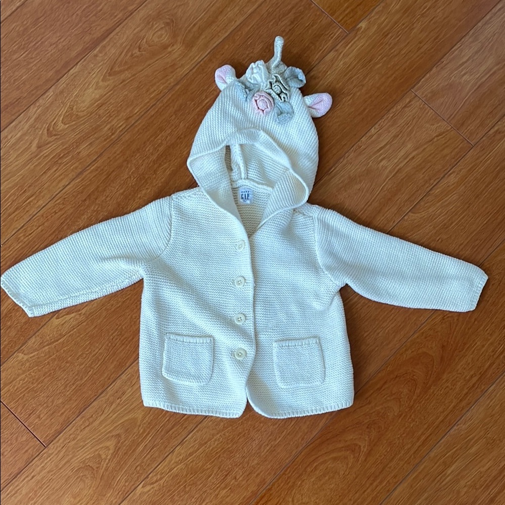GAP Cream Knit Baby Cardigan with Unicorn Hood